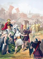 Josua an der Spitze der israelitischen Armee vor den Mauern von Jericho